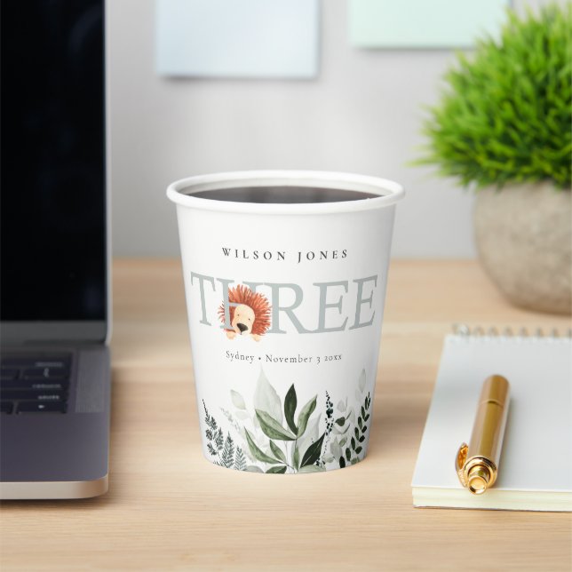 Cute Boho Lion Foliage 3rd Third Birthday Party Paper Cups (Insitu)