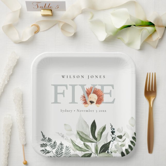 Cute Boho Lion Foliage Fifth 5th Birthday Party Paper Plate (Wedding)