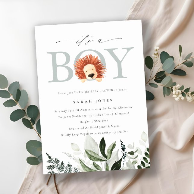 Cute Boho Lion Foliage It's Boy Baby Shower Invite (Creator Uploaded)