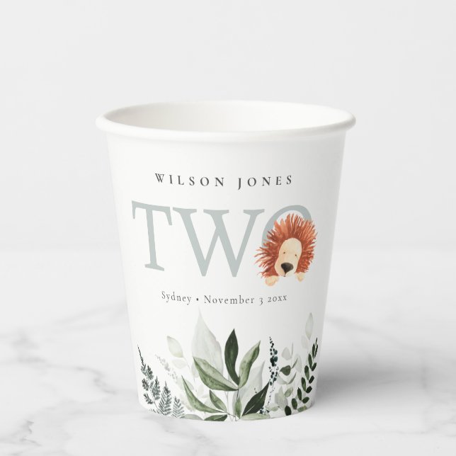 Cute Boho Lion Foliage Second Birthday Party Paper Cups (Front)