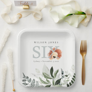 Cute Boho Lion Foliage Sixth 6th Birthday Party Paper Plate