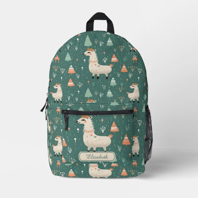Cute Boho Llama Personalized Kids Name Printed Backpack (Front)