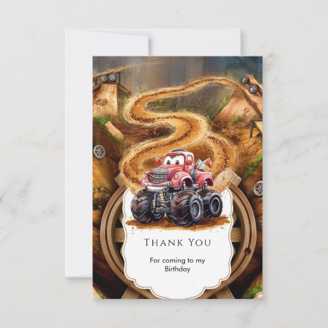 Cute Boho Monster Truck Birthday Thank You Card (Front)