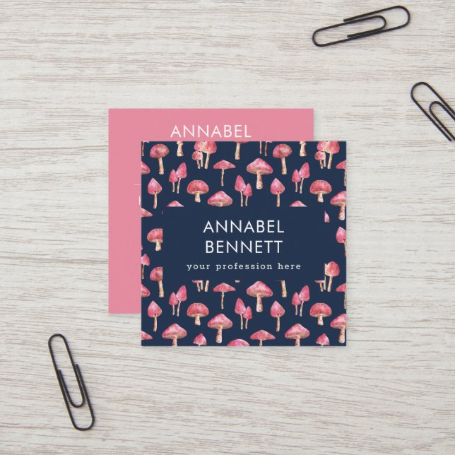 Cute Boho Mushroom Pattern Square Business Card (Front/Back In Situ)