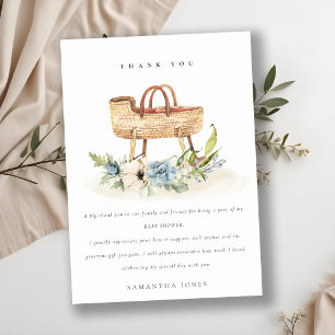 Cute Boho Nursery Blue Floral Bassinet Baby Shower Thank You Card