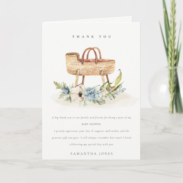 Cute Boho Nursery Blue Floral Bassinet Baby Shower Thank You Card (Front)