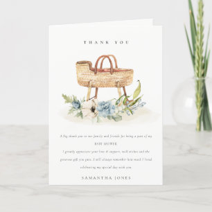 Cute Boho Nursery Blue Floral Bassinet Baby Shower Thank You Card