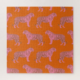 Cute Boho Orange and Pink Tiger Art Pattern Jigsaw Puzzle