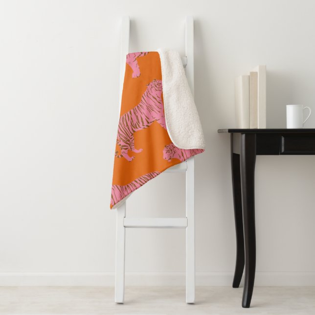 Cute Boho Orange and Pink Tiger Art Pattern Sherpa Blanket (In Situ)
