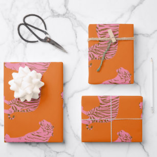 Cute Boho Orange and Pink Tiger Art Pattern Wrapping Paper Sheet