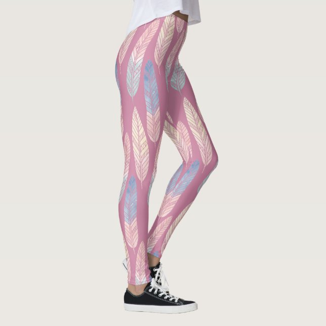 Cute boho pattern pastel coloured feathers artsy leggings (Right)