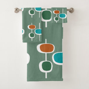 Cute boho pattern retro 1950s abstract sage green bath towel set