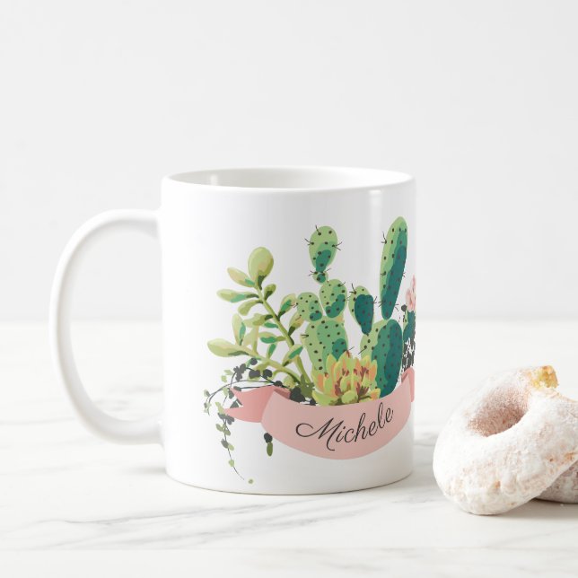 Cute Boho Personalized Cactus Coffee Mug (With Donut)