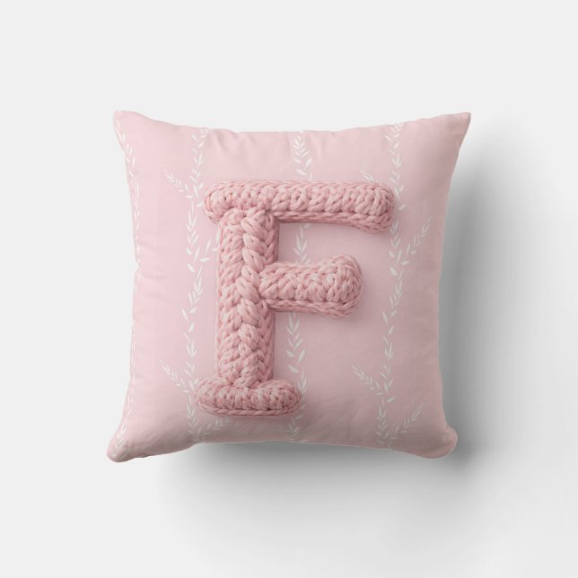 Cute boho pink crocheted letter F Round Pillow (Back)