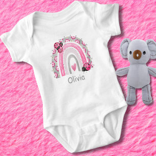 Cute Boho Pink Rainbow with Ladybugs Monogram  Baby Bodysuit