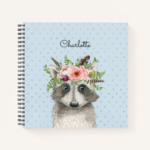 Cute Boho Raccoon with Floral and Feathers Crown Notebook