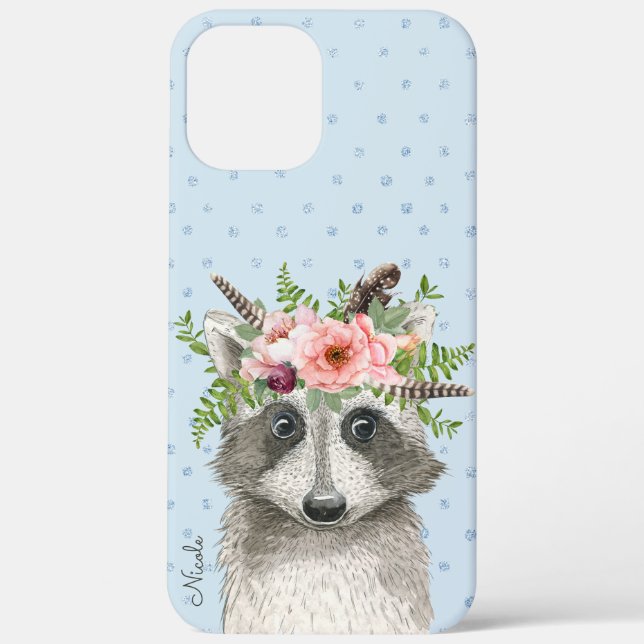 Cute Boho Raccoon with Floral Crown and Name Case-Mate iPhone Case (Back)