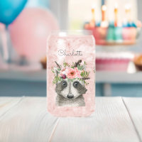 Cute Boho Raccoon with Flower and Feathers Crown
