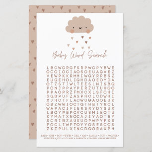 Cute Boho Rain Cloud Baby Shower Word Search Game