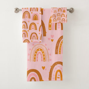 Cute Boho Rainbow Hearts Pattern in Pink Orange Bath Towel Set