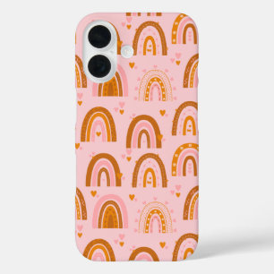 Cute Boho Rainbow Hearts Pattern in Pink Orange iPhone 16 Case
