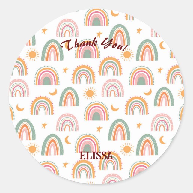 Cute Boho Rainbow Pattern Custom Name Thank You Classic Round Sticker (Front)