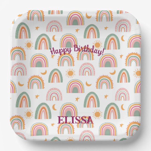 Cute Boho Rainbow Pattern Name Personalized Paper Plate (Front)