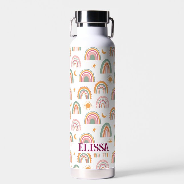 Cute Boho Rainbow Pattern Name Personalized Water Bottle (Front)