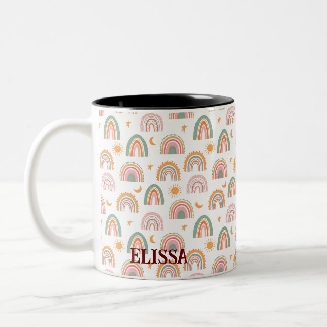 Cute Boho Rainbow Seamless Pattern Custom Name  Two-Tone Coffee Mug (Left)