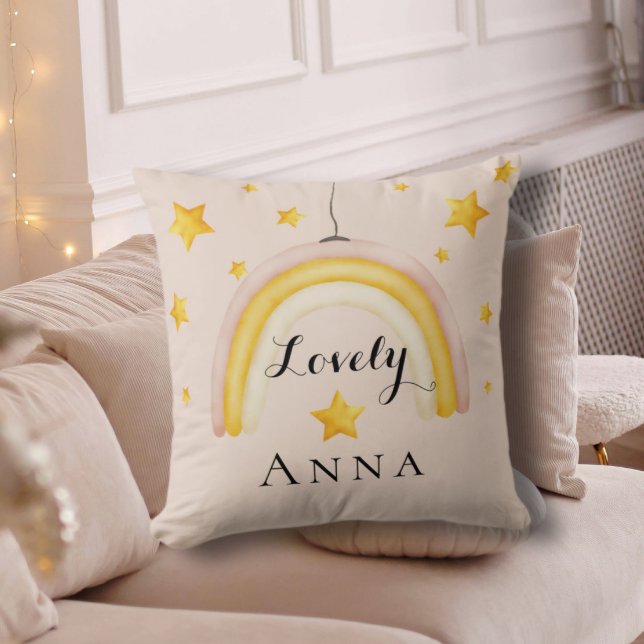 Cute Boho Rainbow with Gold Stars Throw Pillow (Creator Uploaded)