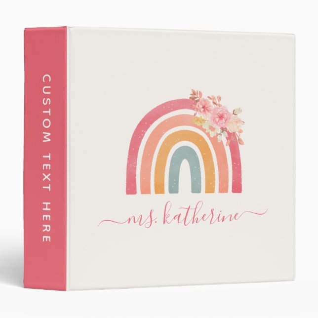 Cute Boho Rainbow with Watercolor Floral Teacher's Binder (Front/Spine)