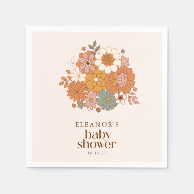 Cute Boho Retro Floral Baby Shower Custom Name Napkin (Front)