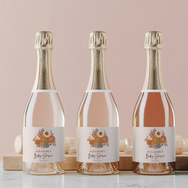 Cute Boho Retro Floral Baby Shower Custom Name Sparkling Wine Label (Creator Uploaded)