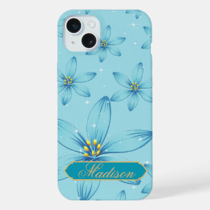 Cute boho retro glow Personalized blue Floral  iPhone 15 Plus Case