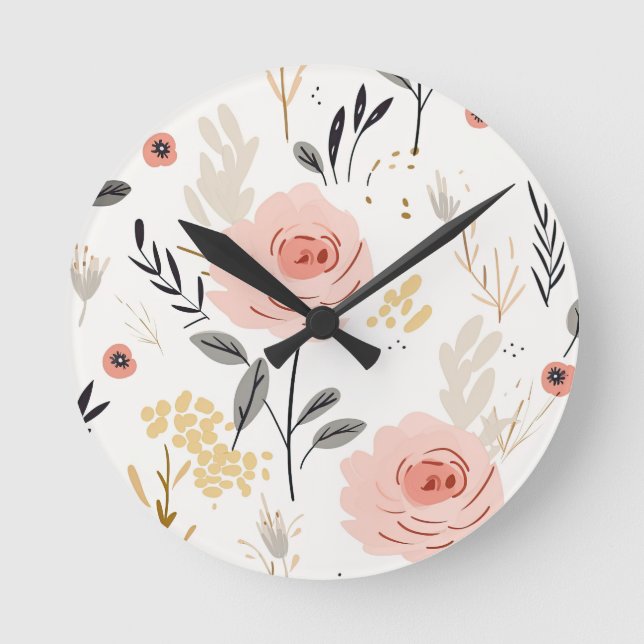 Cute Boho Roses Pattern Round Clock (Front)