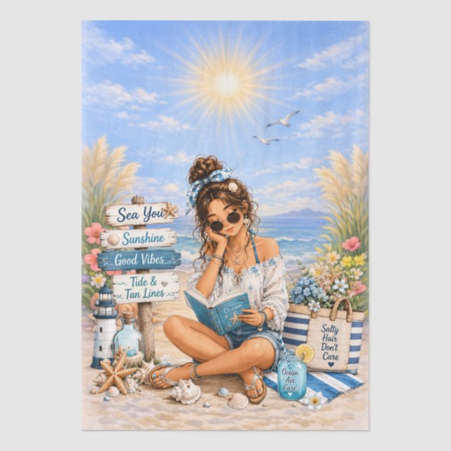 Cute Boho Style Girly Beach Scene Decoupage  Tissue Paper (Front)