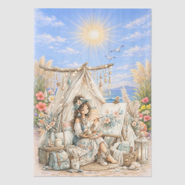Cute Boho Style Girly Beach Scene Decoupage  Tissue Paper (Front)