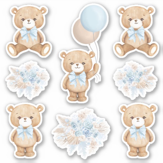 Cute Boho Teddy Bear with Pastel Blue Balloon (Front)