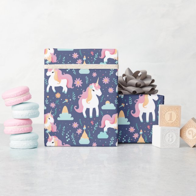 Cute Boho Unicorn Rainbow Clouds Blue Pink Wrapping Paper (Baby Shower)