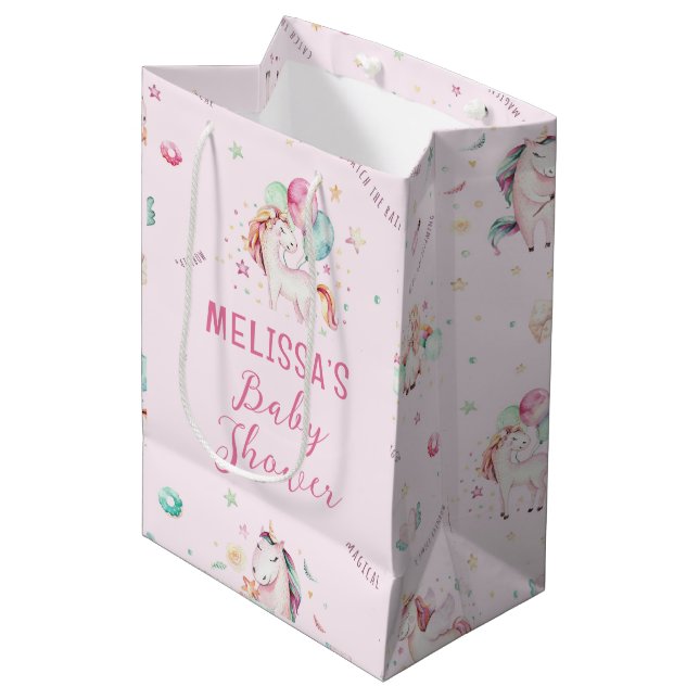 Cute Boho Unicorns Floral Pink Baby Shower Medium Gift Bag (Front Angled)