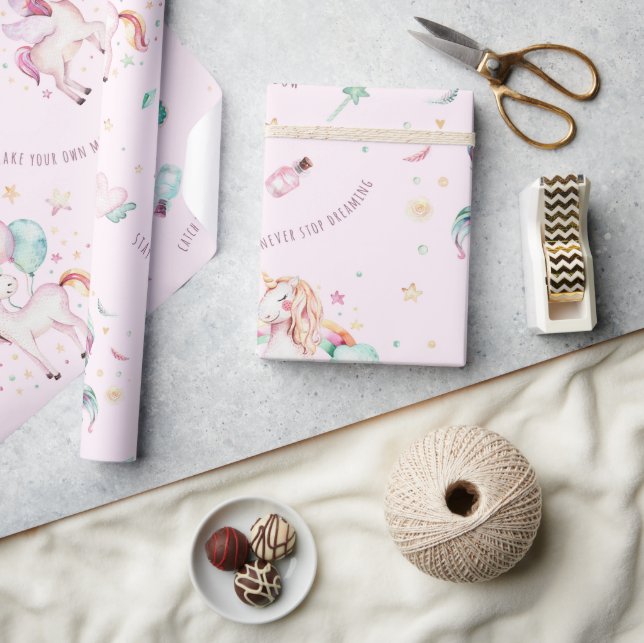 Cute Boho Unicorns Floral Pink Baby Shower Wrapping Paper (Crafts)