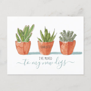 Cute Boho Watercolor Cactus Succulents I've Moved Announcement Postcard