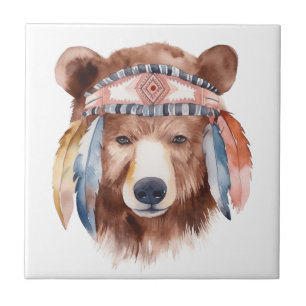 Cute boho watercolor hippie bear design tile