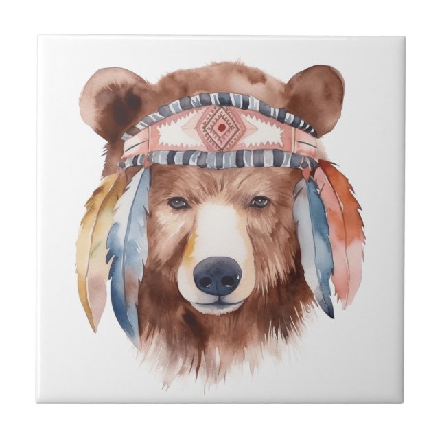 Cute boho watercolor hippie bear design tile (Front)