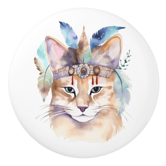 Cute boho watercolor hippie cat design ceramic knob (Front)