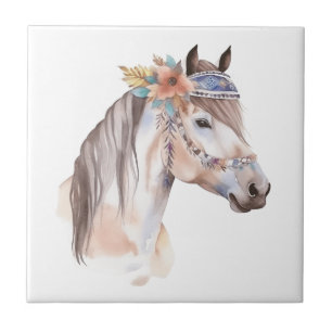 Cute boho watercolor hippie horse design tile