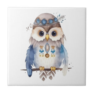 Cute boho watercolor hippie owl design tile