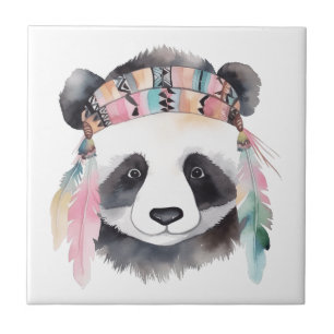 Cute boho watercolor hippie panda design tile