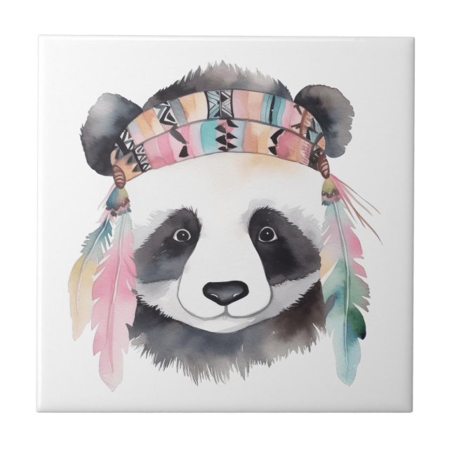 Cute boho watercolor hippie panda design tile (Front)