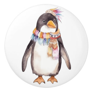 Cute boho watercolor hippie penguin design ceramic knob